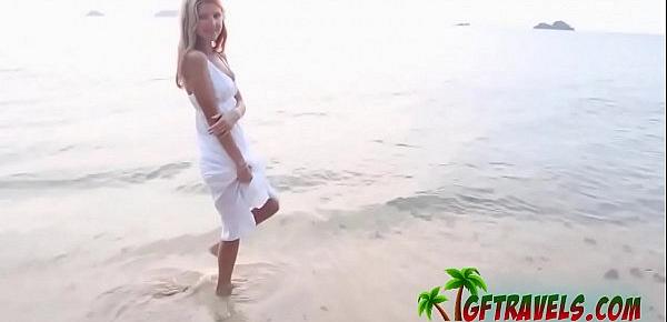  Hot blond girlfriend gets aroused by the beach and gives her lucky man a blowjob